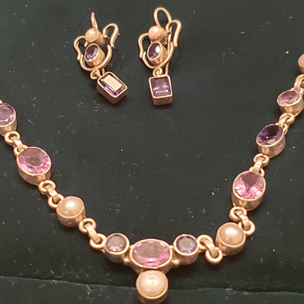 SS amethyst and pearl necklace and earrings